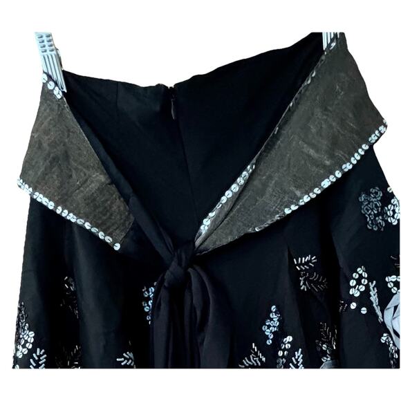 Tibi Skirt 100% Raw Silk Skater Floral Appliqué Sequin Sz 2 Black Soft Grunge - Picture 5 of 9